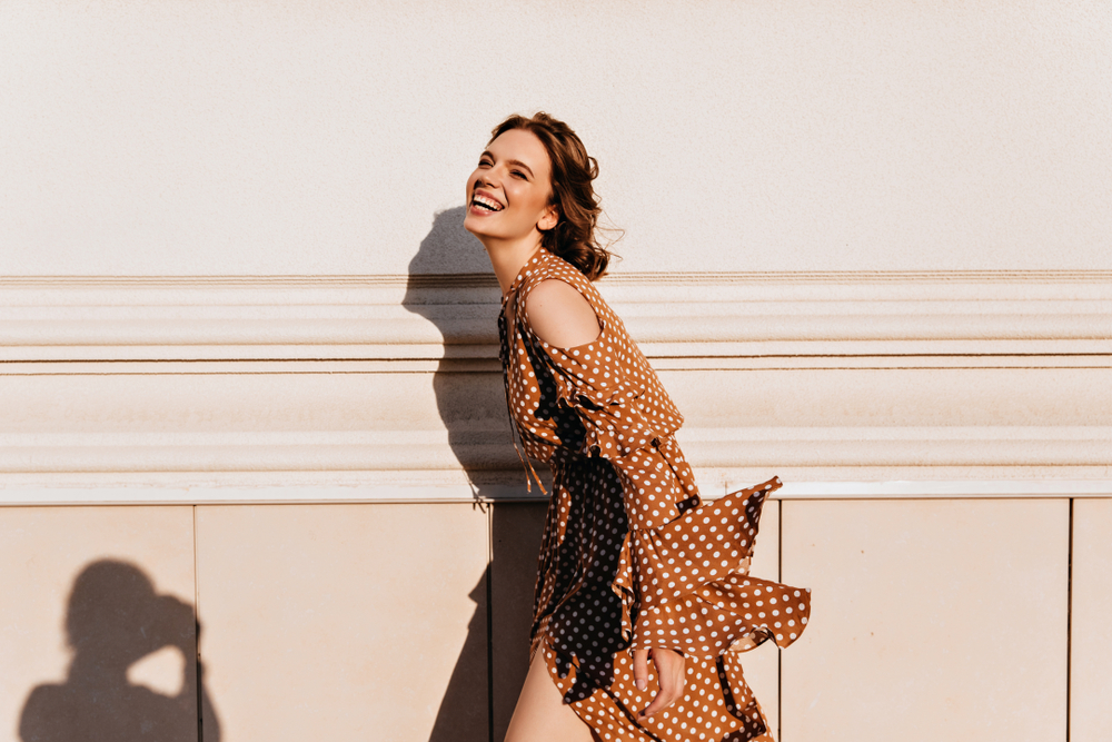 Excited,Spectacular,Woman,Posing,In,Warm,September,Day.,Outdoor,Shot, dress