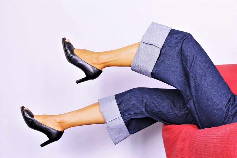 Woman,Legs,Wearing,Wide,Leg,Dark,Blue,Jean,Trousers,Lie