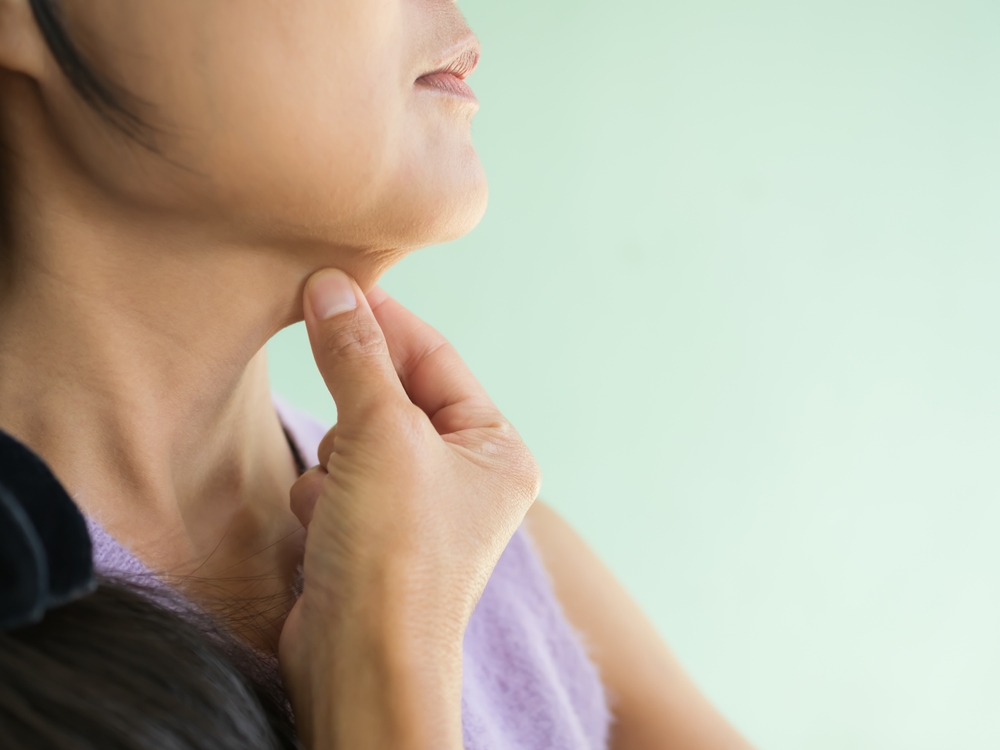 Women,Pinching,Layer,Fat,Under,Chin,On,Green,Wall,Background,excess