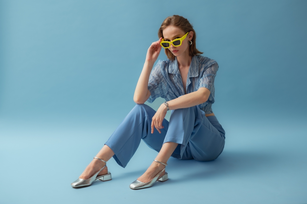 Fashionable,Young,Woman,Wearing,Trendy,Yellow,Sunglasses,,Blue,Chiffon,Blouse,