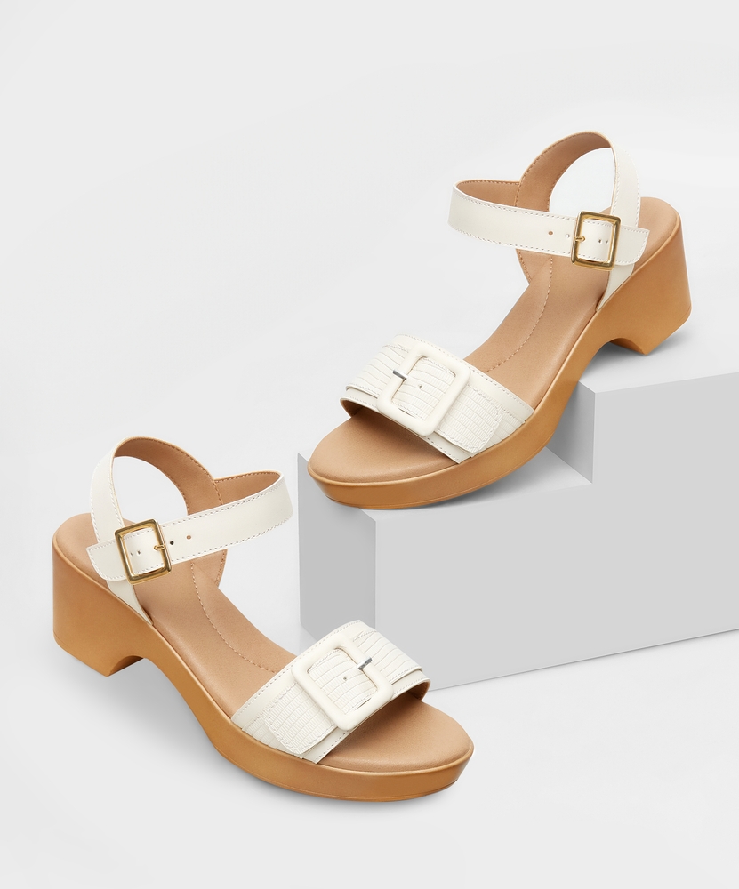 Sophisticated,White,Textured,Buckle,Sandals,For,Women,,Elegantly,Displayed,On