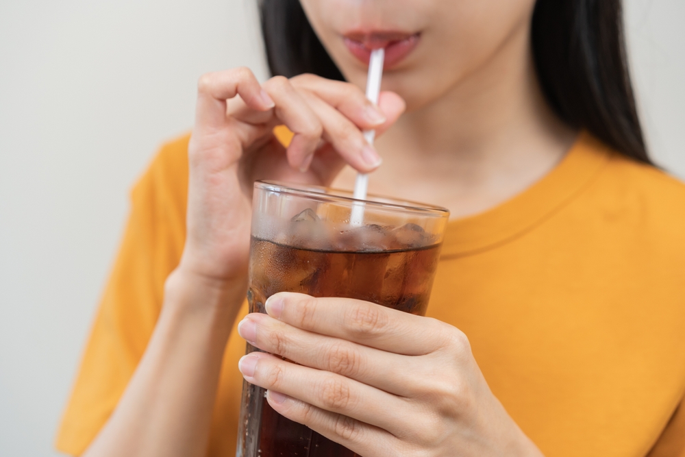 Smile,Happy,Thirsty,Asian,Young,Woman,Drinking,Or,Sip,,Holding